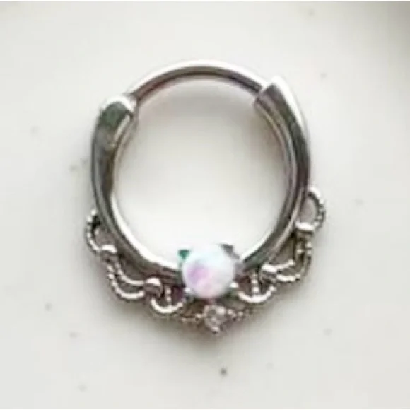 16G Opal & CZ Surgical Steel 10mm Single Hoop Septum/ Daith Clicker NWT - Picture 2 of 11